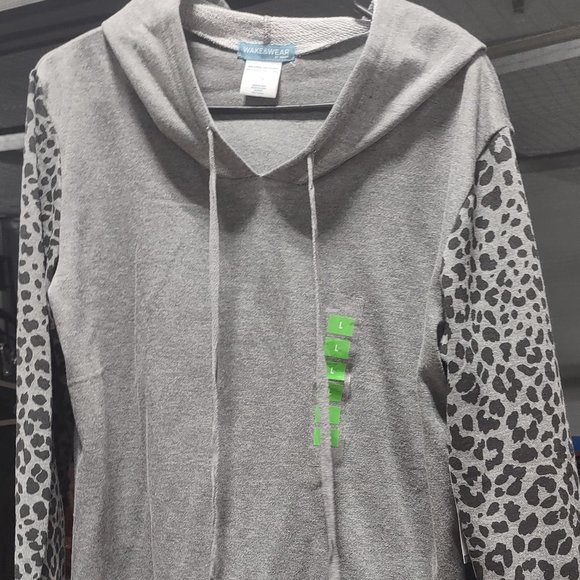 grey pullover hoodie with black leopard spot sleeves from Wake & Wear size Large - Picture 1 of 4